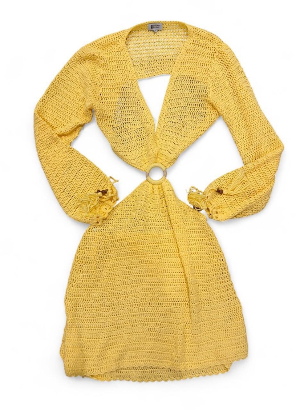 Beginning Boutique Sunlit Yellow Crochet Ring-Front Mini Dress